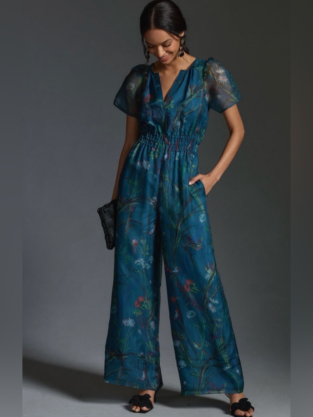 Anthropologie Somerset Jumpsuit Silk Teal Bird Floral Jumpsuit Wide Leg Size XS
